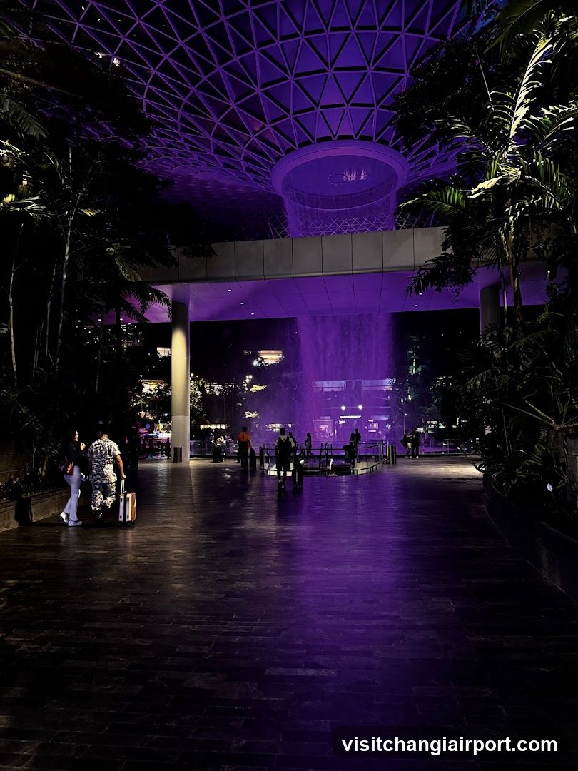 Night scene with purple lighting and waterfall feature