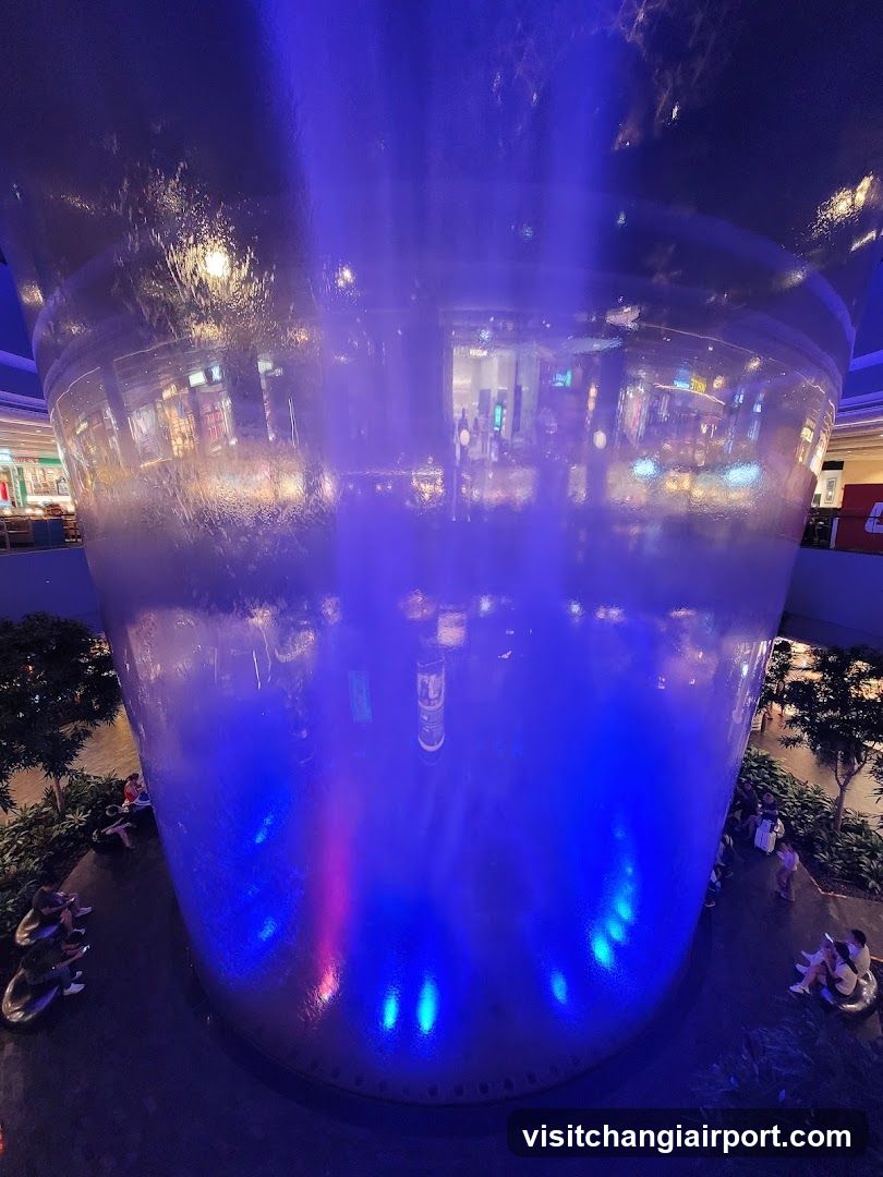 Blue-lit Water Feature in Mall Interior