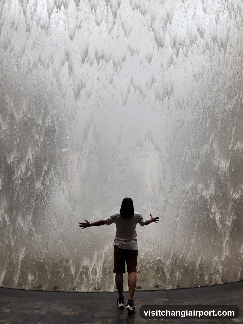 Person facing waterfall wall