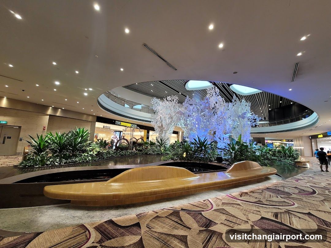 Airport Interior with Decorative Fountain and Seating