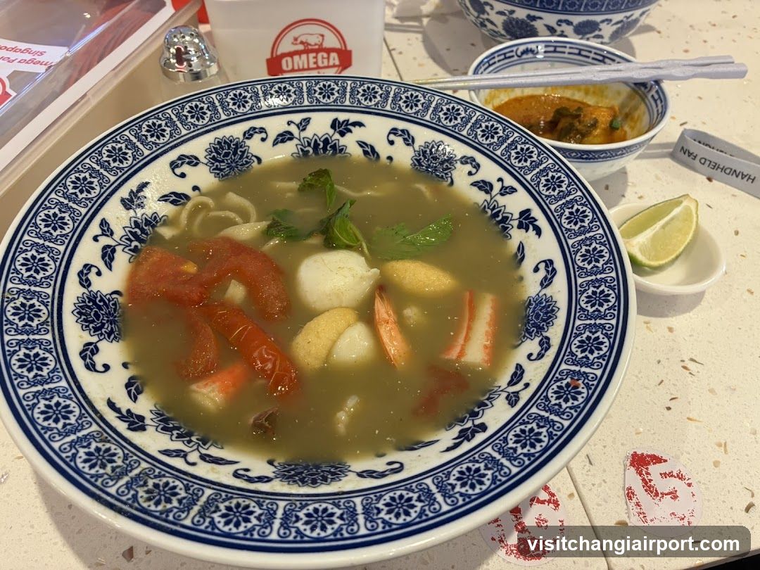 Noodle Soup Bowl with Seafood and Tomatoes