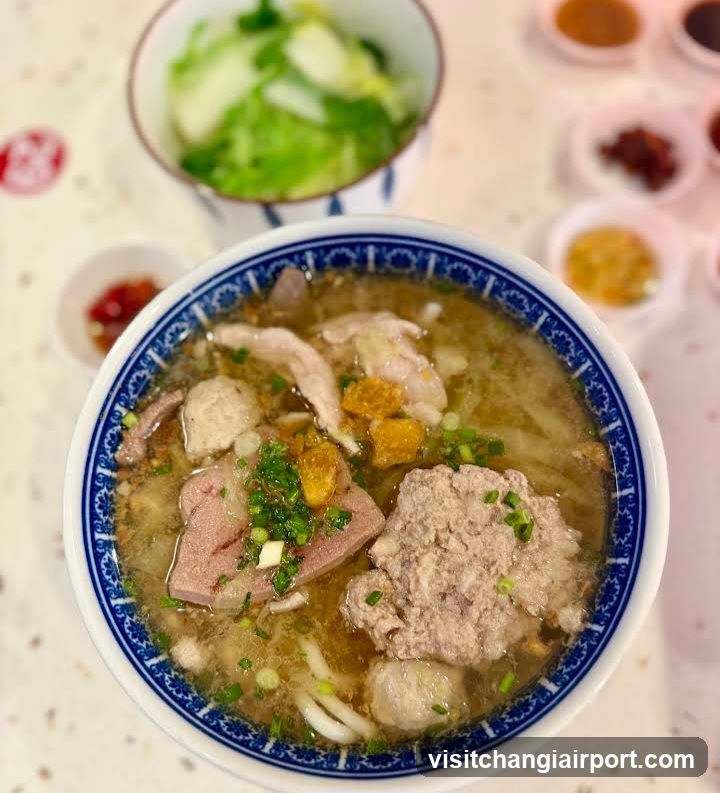 Bowl of Noodle Soup with Meatballs and Vegetables