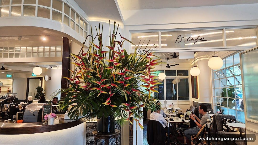 Interior of PS Cafe with floral display