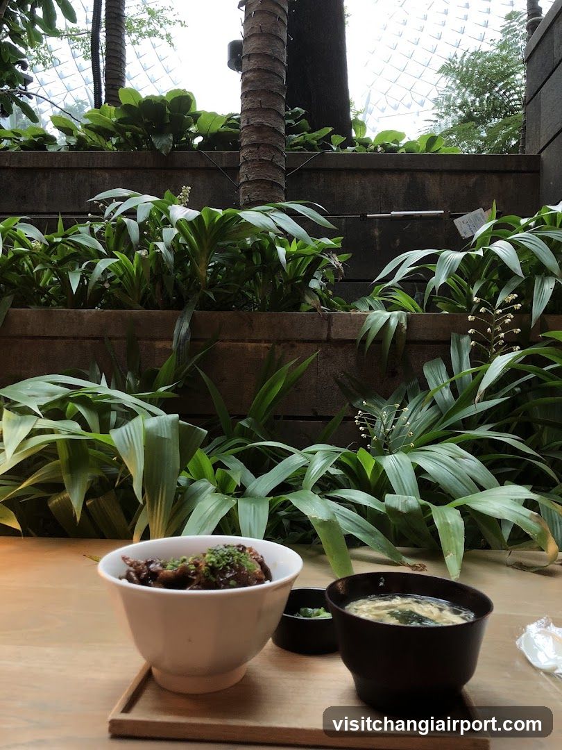 Bowl of food in a lush garden setting