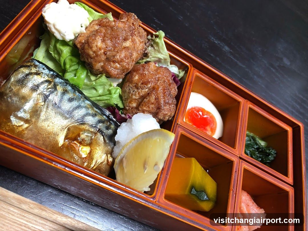 Japanese Bento Box with Mackerel and Meatballs