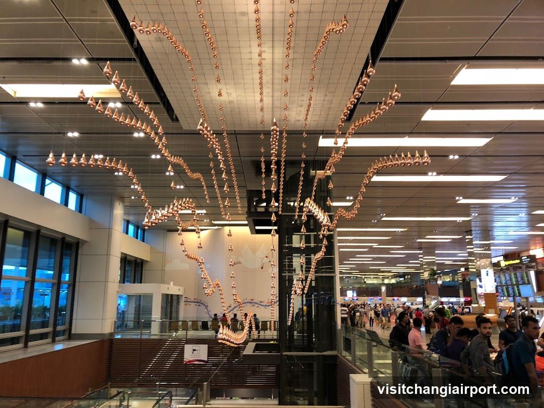 Airport Terminal Interior with Hanging Art Installation