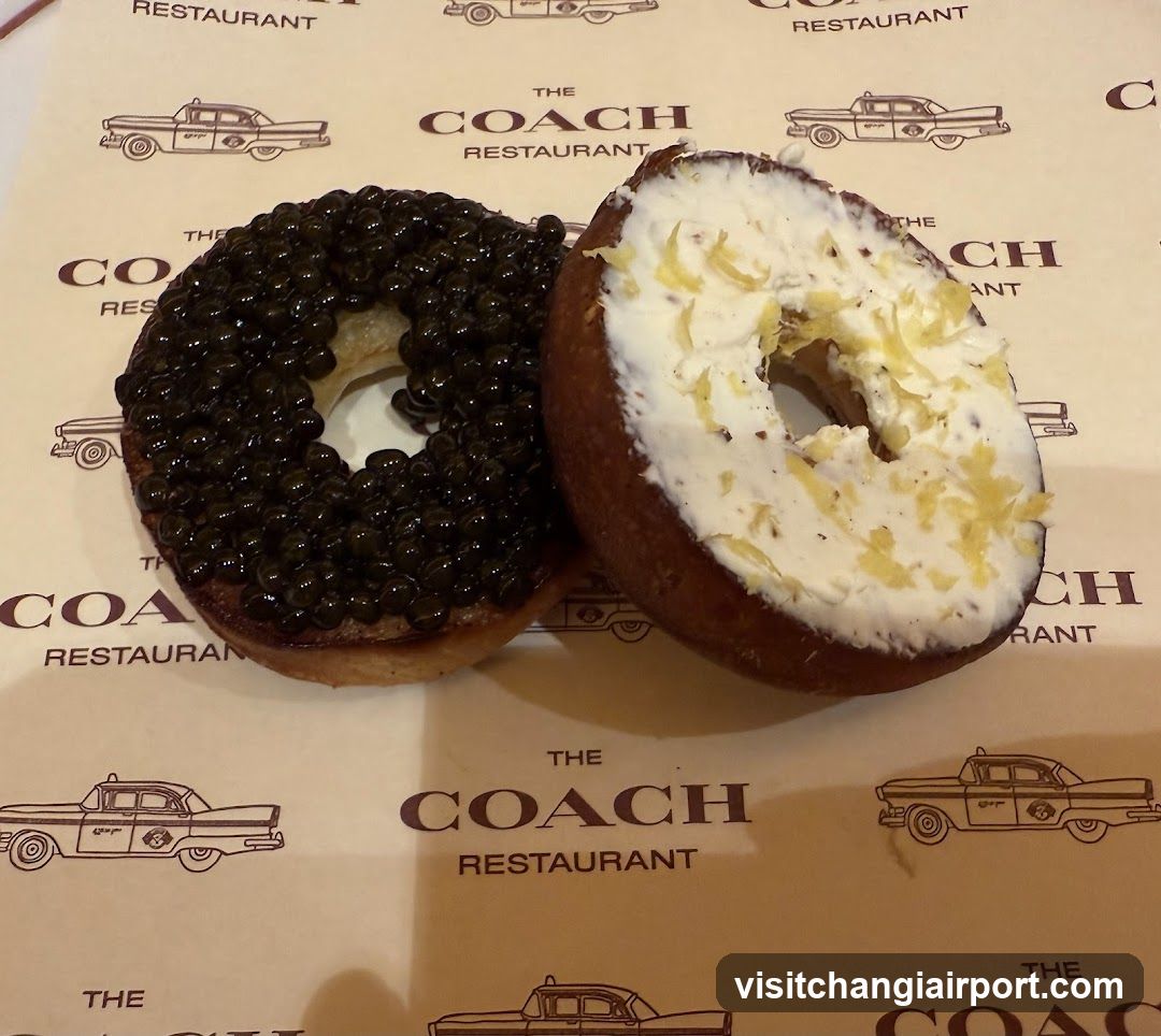 Bagel with toppings on branded paper