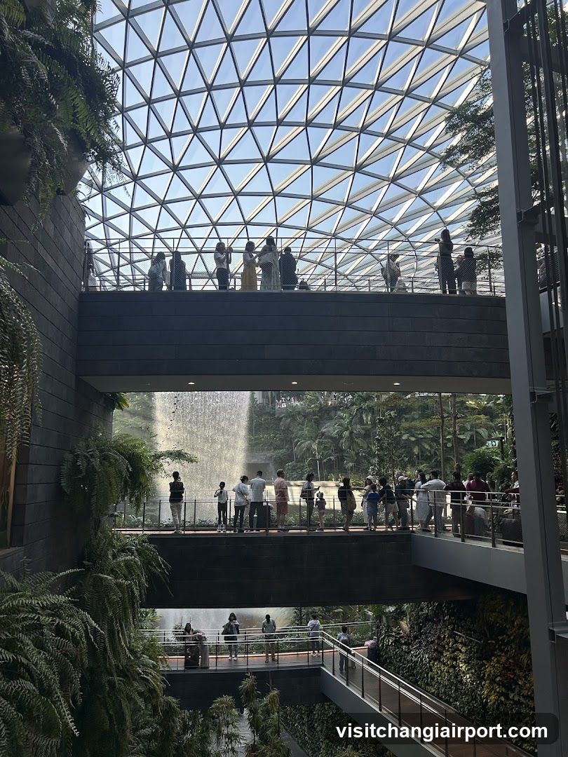 Indoor Garden with Waterfall and Visitors
