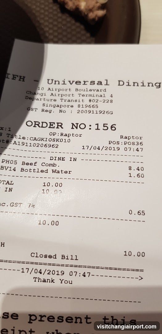Receipt from Universal Dining
