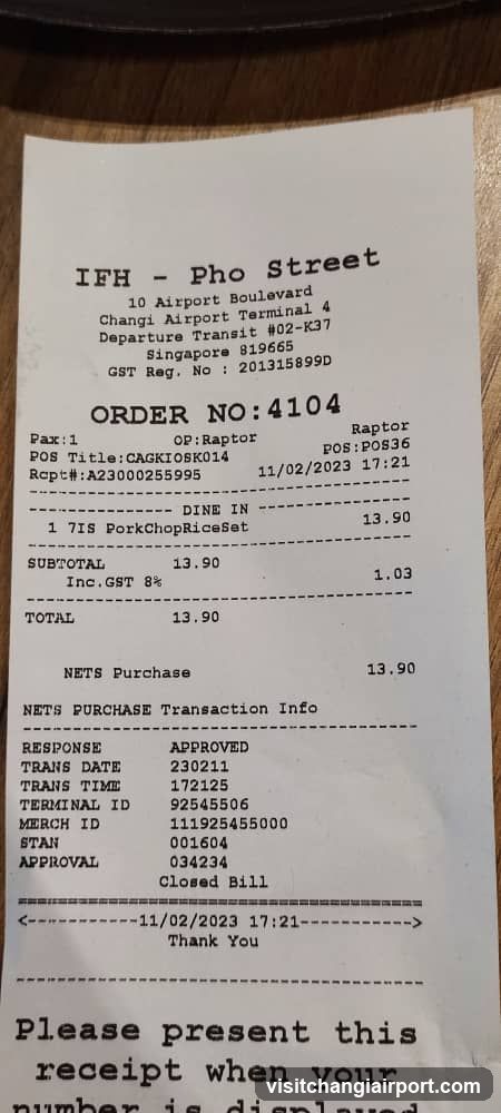 Receipt from IFH - Pho Street