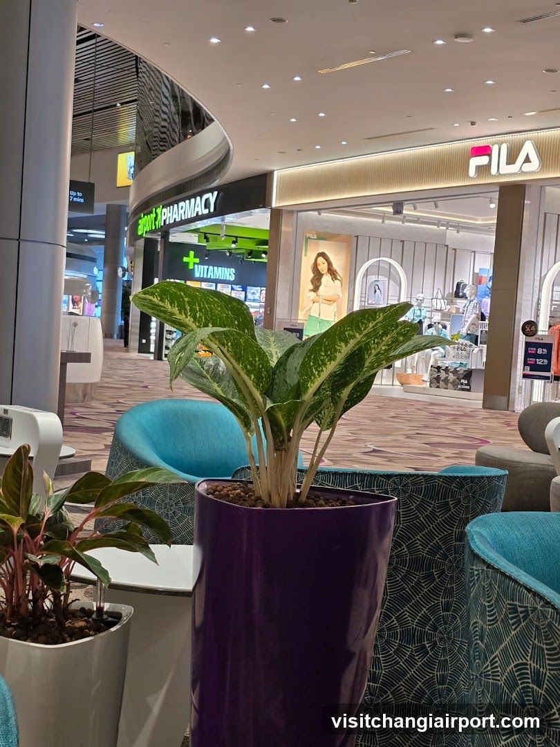 Shopping Mall Interior with Plants and Storefronts
