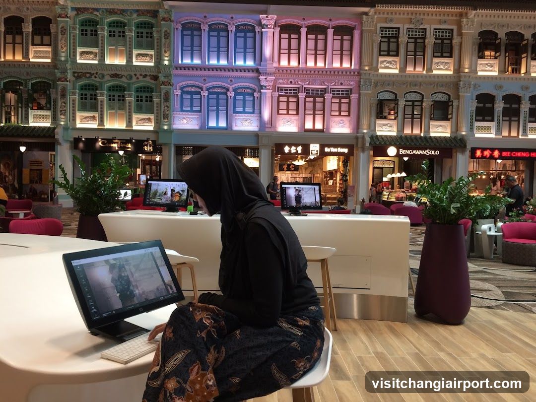 Woman working in a modern indoor mall