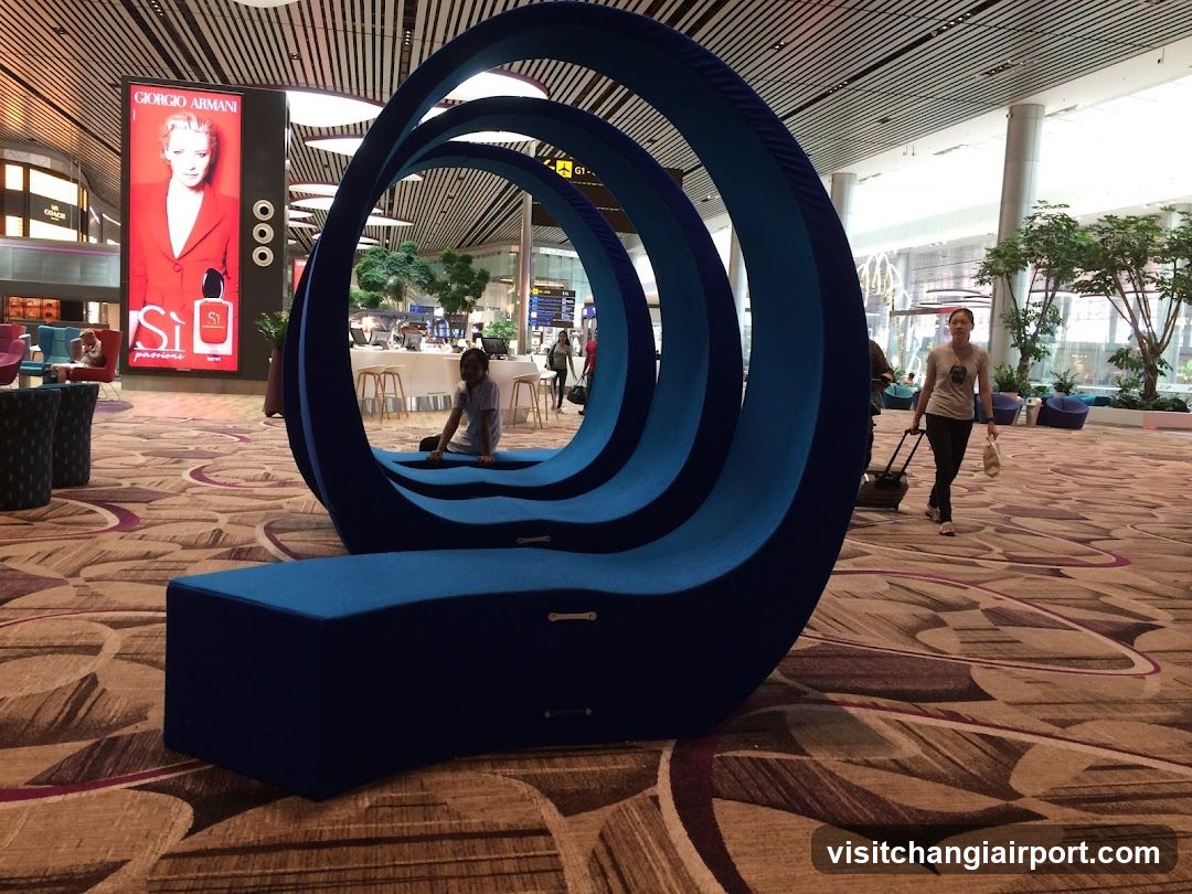 Airport Lounge Interior with Blue Sculptural Seating