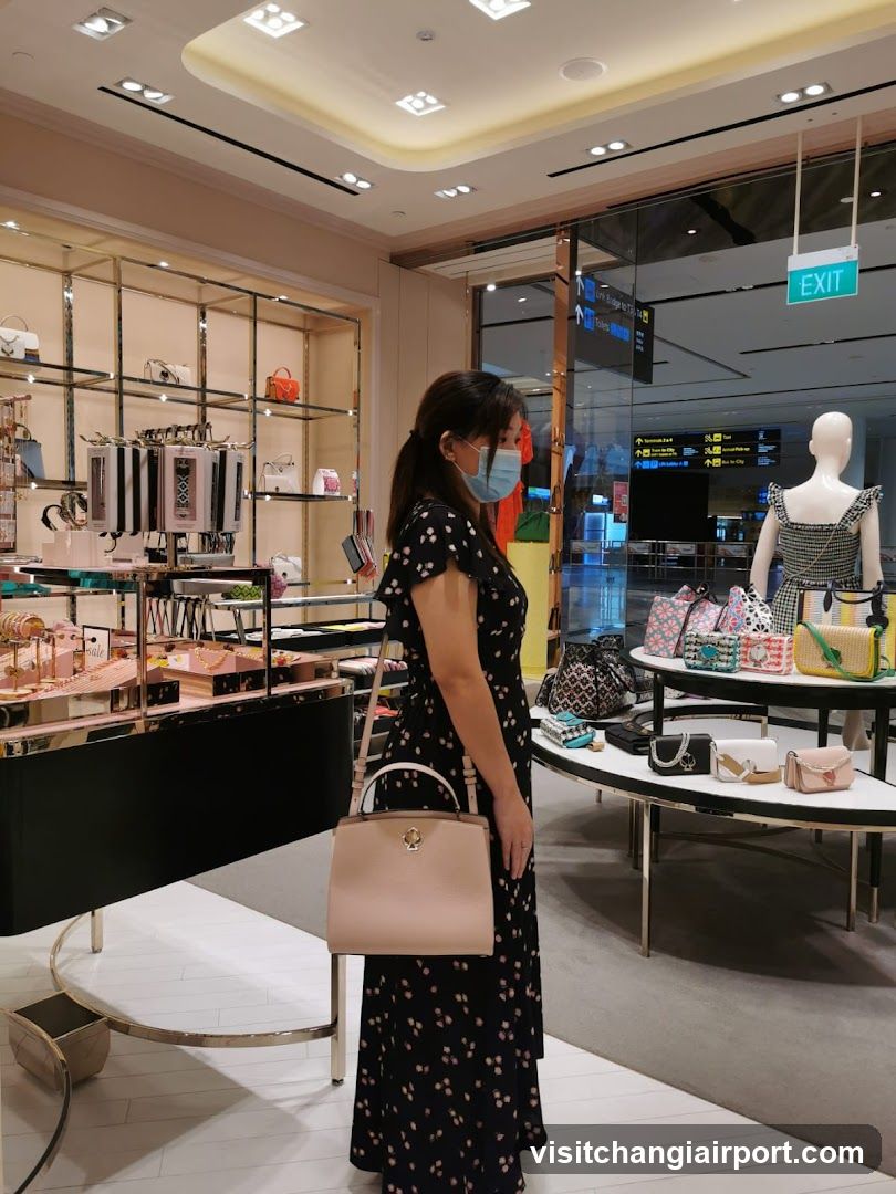 Woman in a polka dot dress inside a luxury handbag store