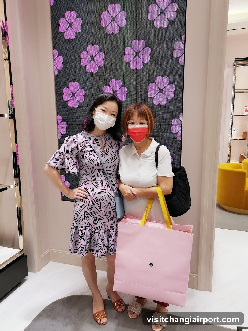 Two women posing with shopping bags in a store interior