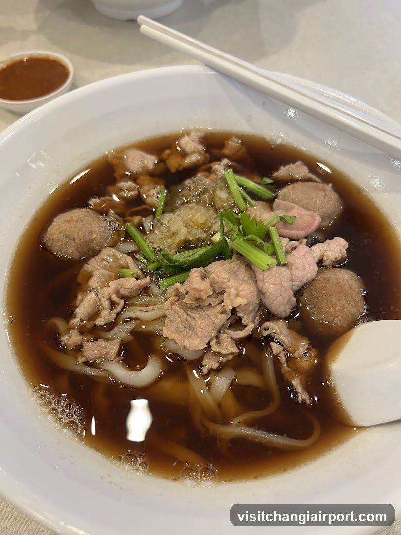 Bowl of Noodle Soup with Meatballs and Beef