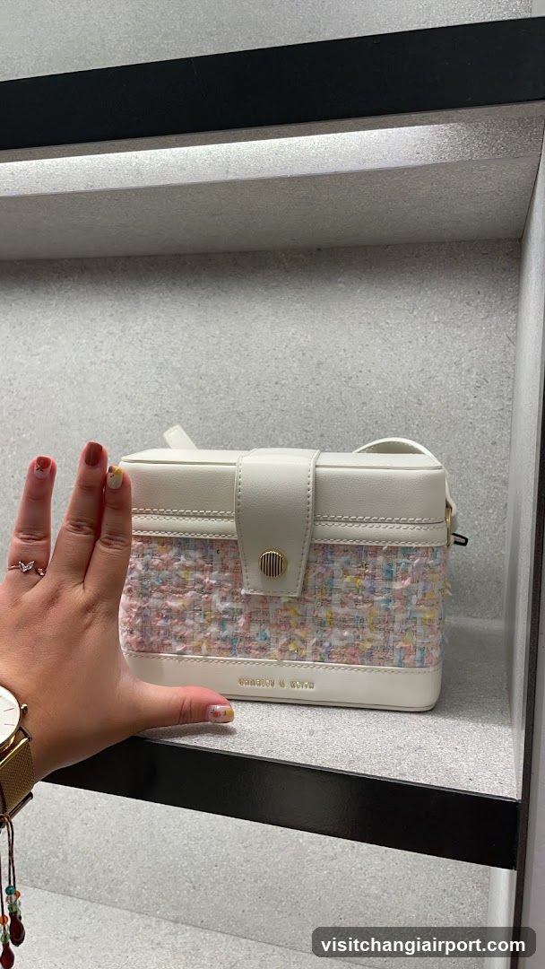 Hand holding a colorful handbag