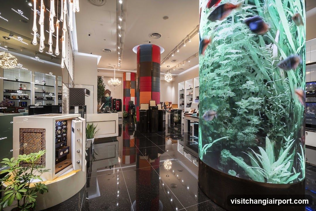Interior of a modern electronics store with aquarium display