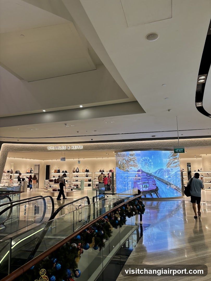 Shopping Mall Interior with Storefronts and Digital Display
