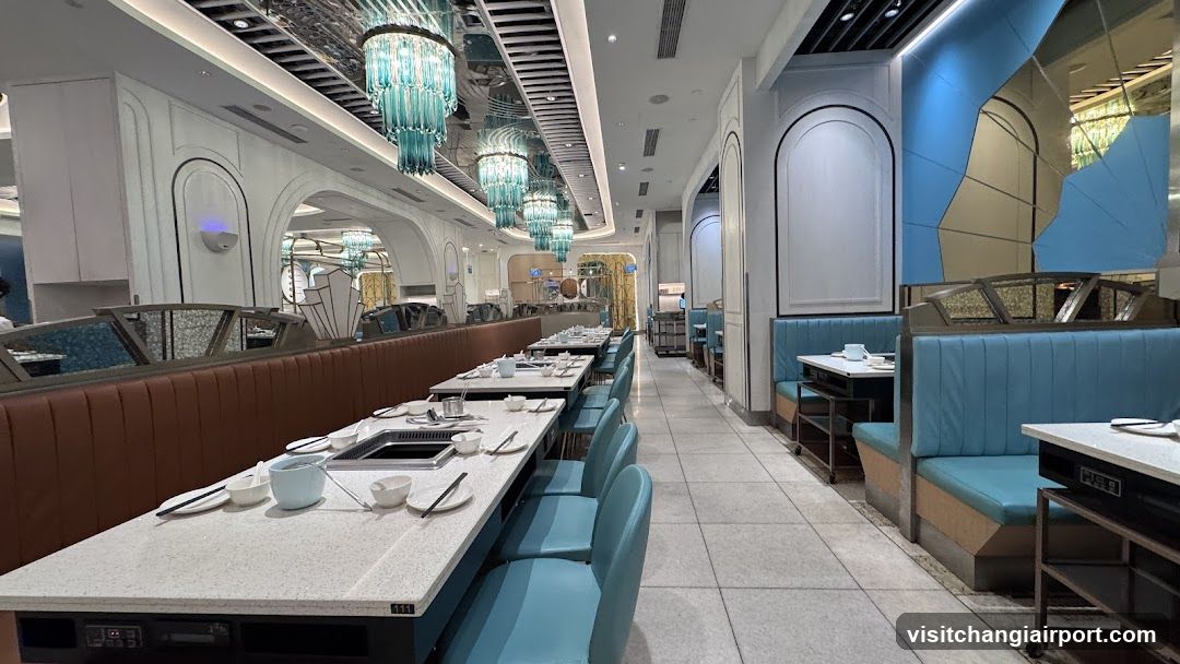 Restaurant Interior with Booth Seating and Decorative Lighting