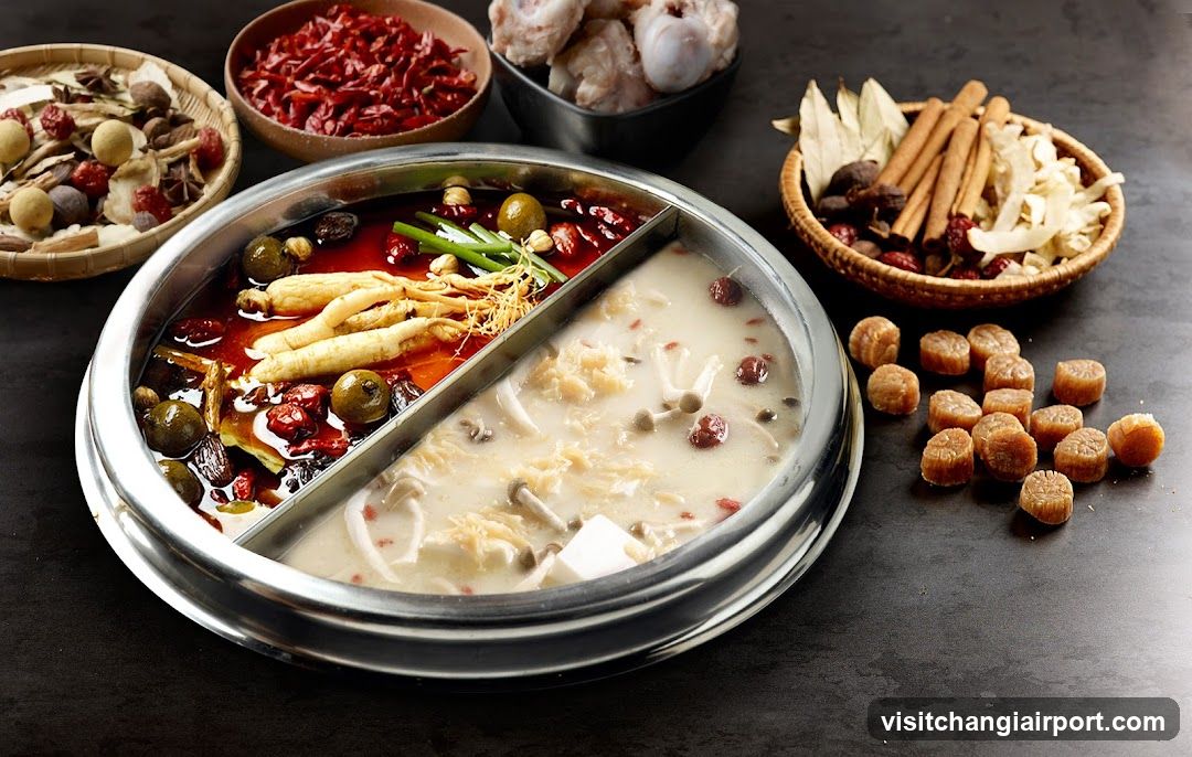 Spicy and Mild Hot Pot with Ingredients