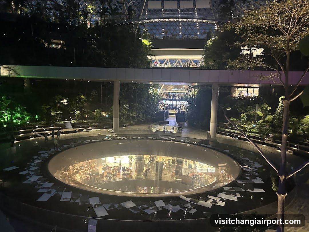 Indoor Night Scene with Circular Pool and Reflection