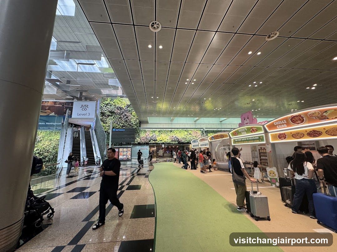 Airport Terminal Interior with Food Stalls and Greenery