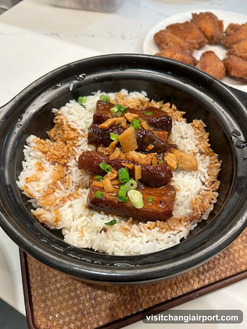 Cantonese Claypot Rice with Braised Pork and Fried Chicken