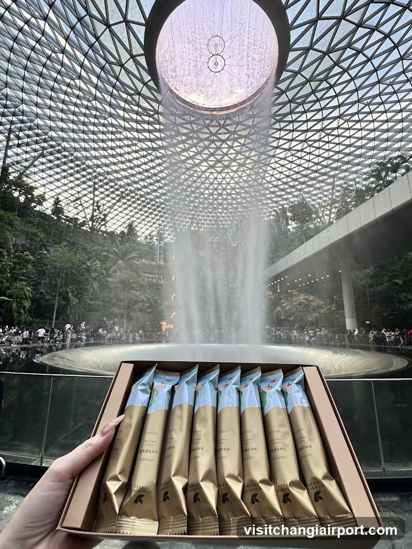 Product display in front of a large indoor waterfall