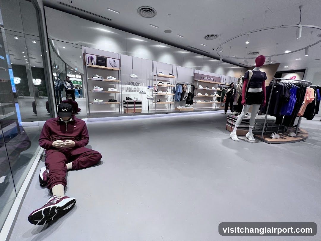 Interior of a modern retail store with mannequins and seated person