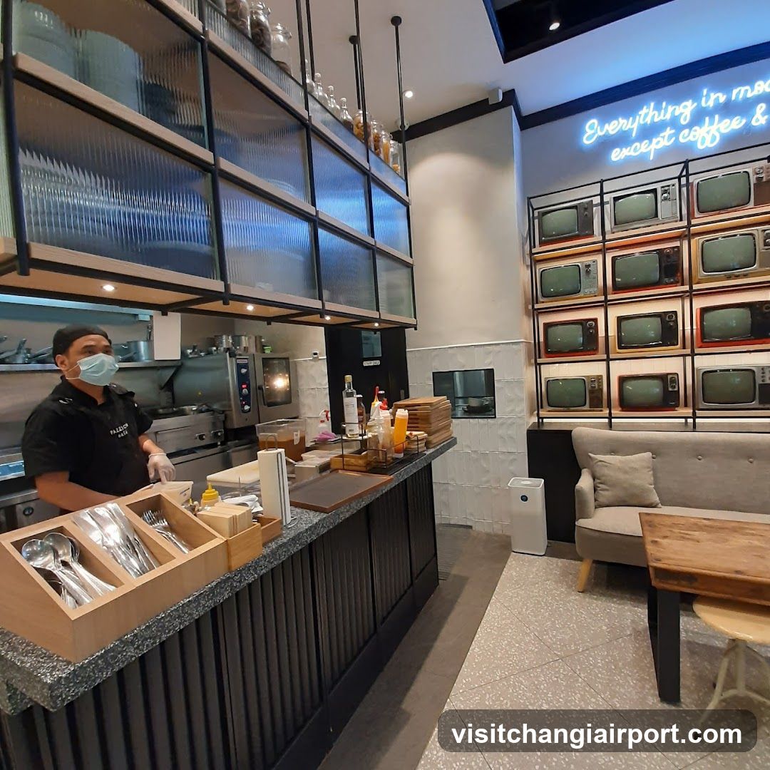Coffee Shop Interior with Retro TV Wall