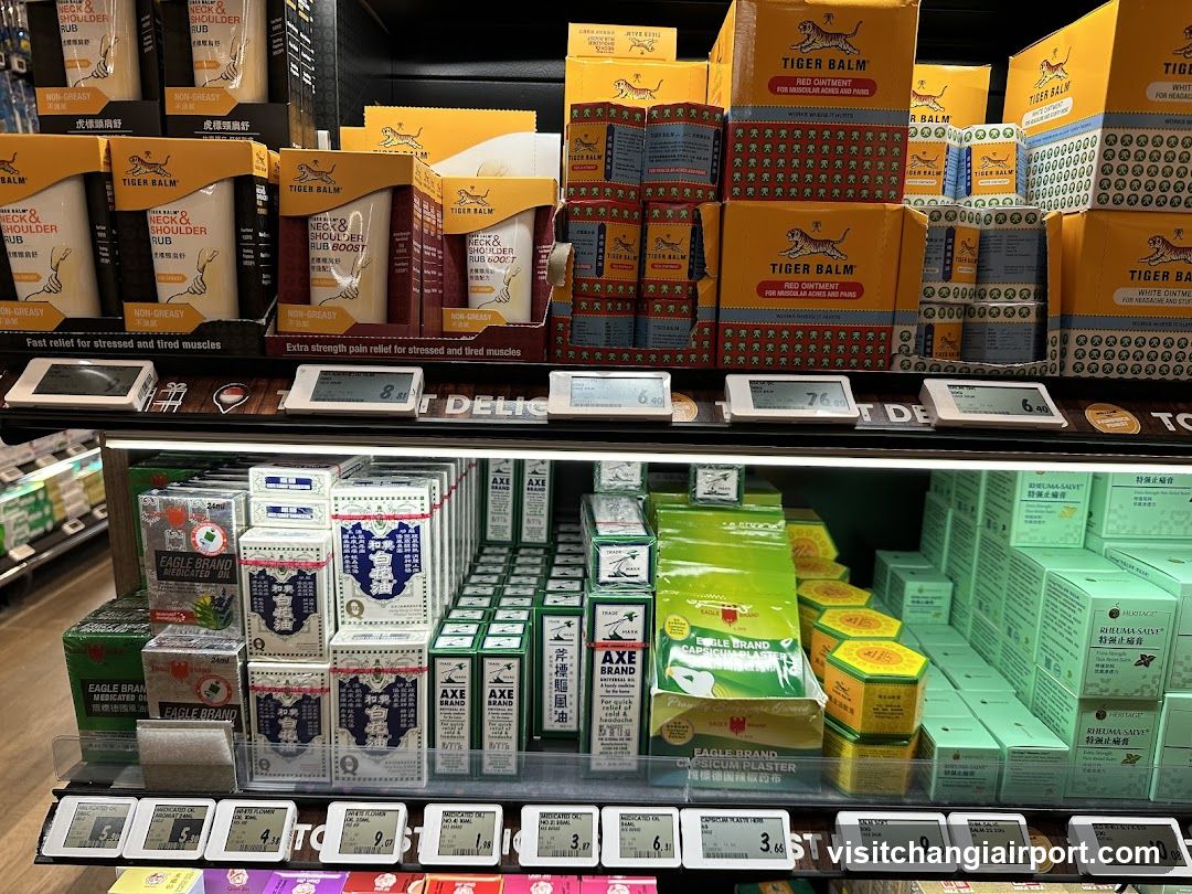 Tiger Balm and other pain relief products on shelves