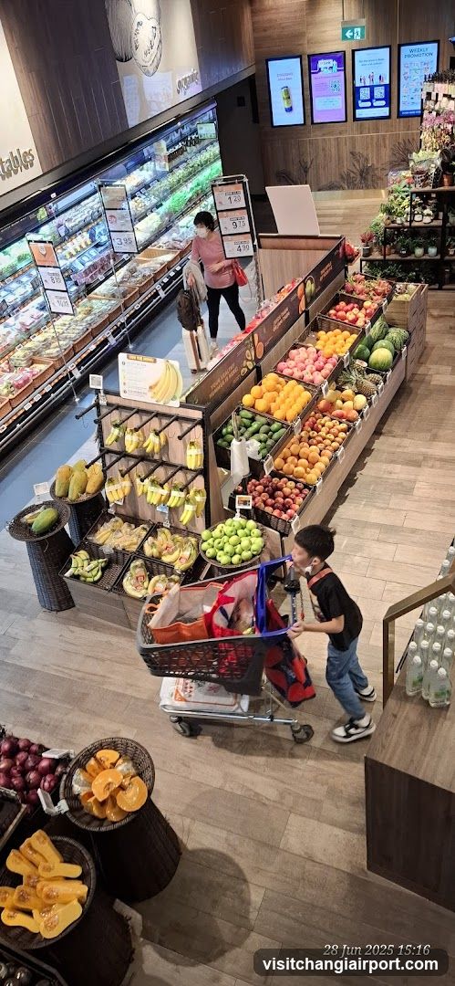 Grocery Store Interior with Fruit Section and Shopping Cart