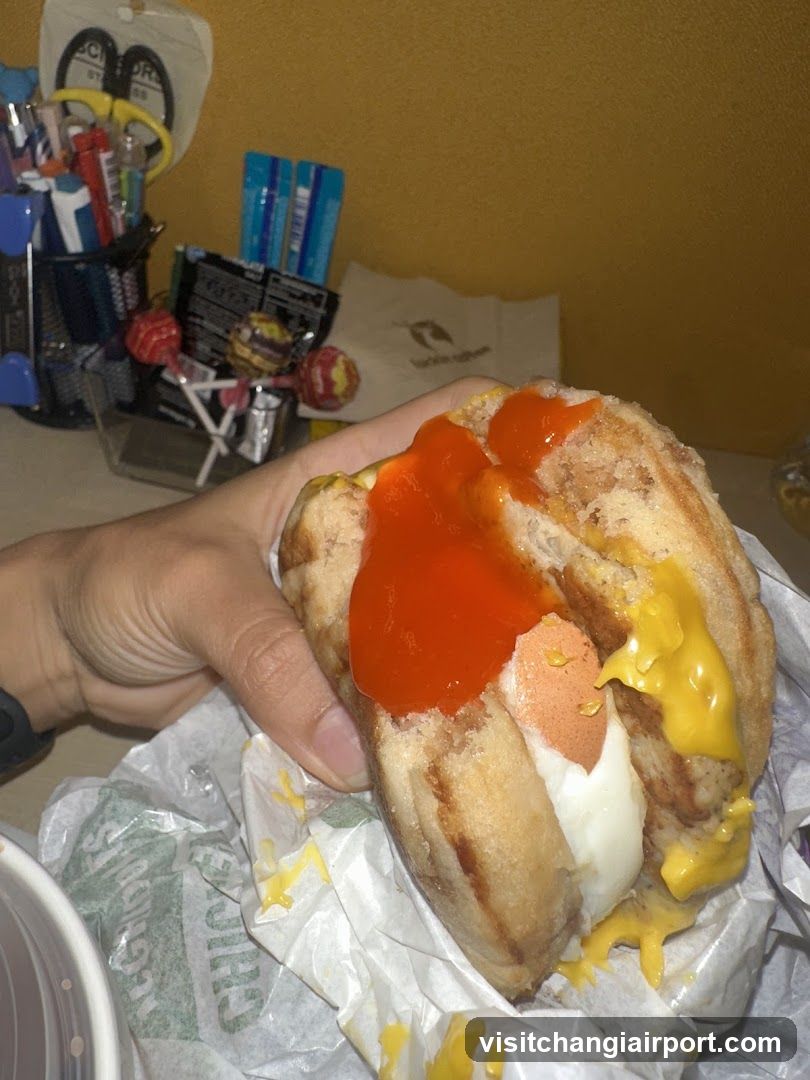 Hand holding a sandwich with sauce