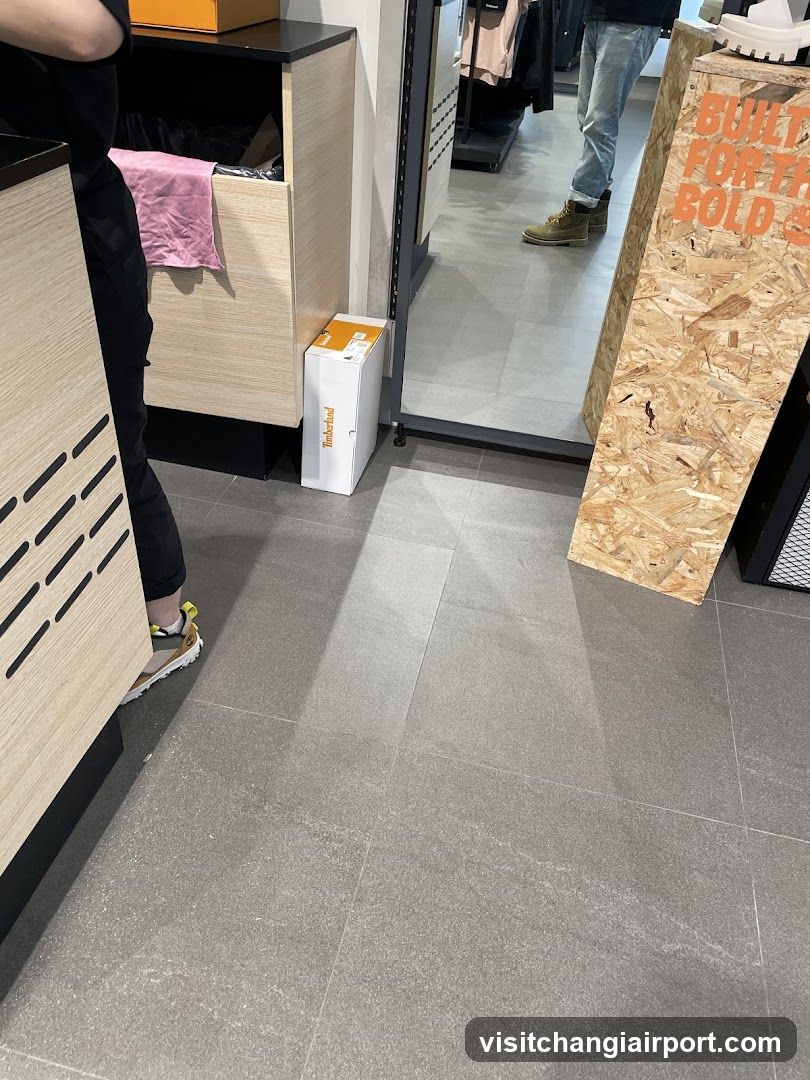 Interior of a retail store with wooden displays and shoe boxes