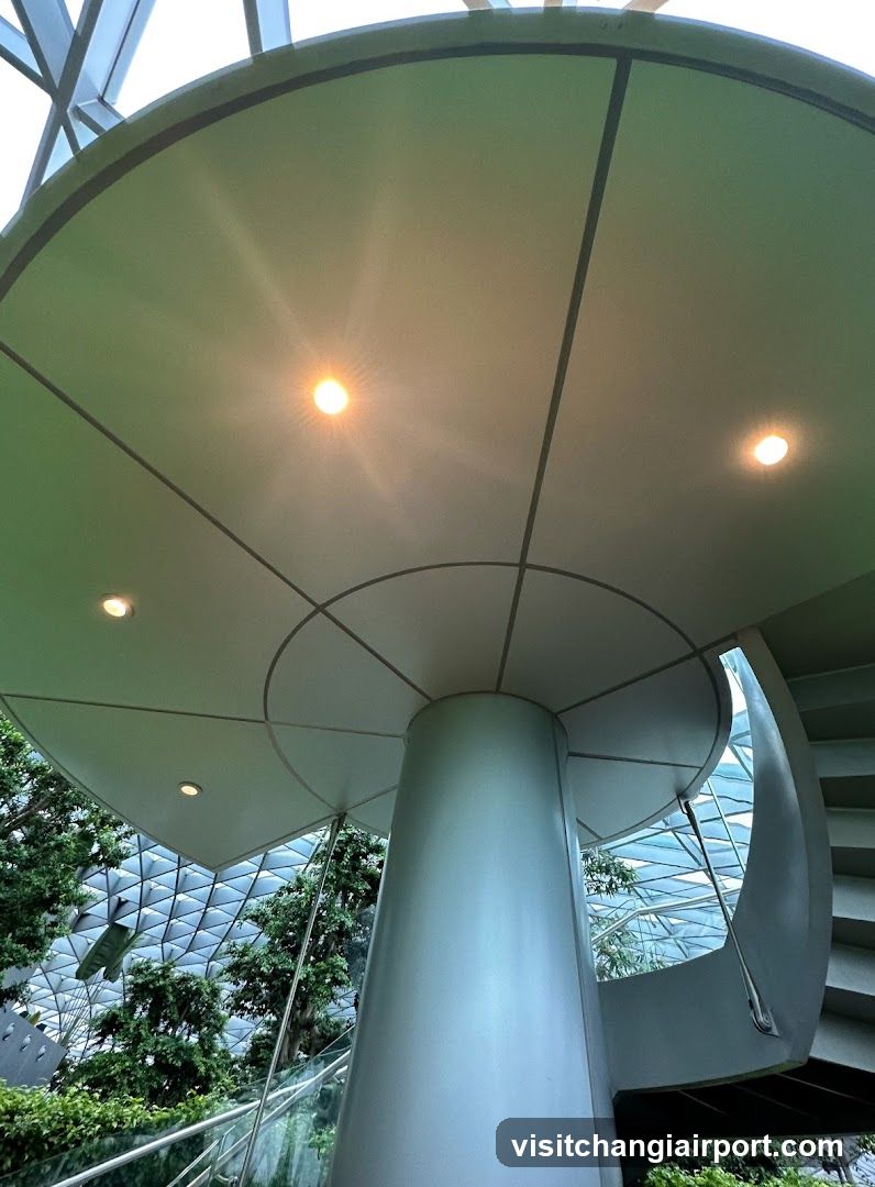 Interior of a modern building with spiral staircase and greenery