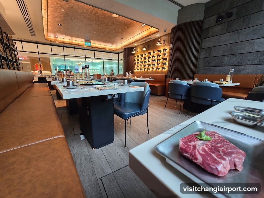 Interior of a modern restaurant with raw meat display