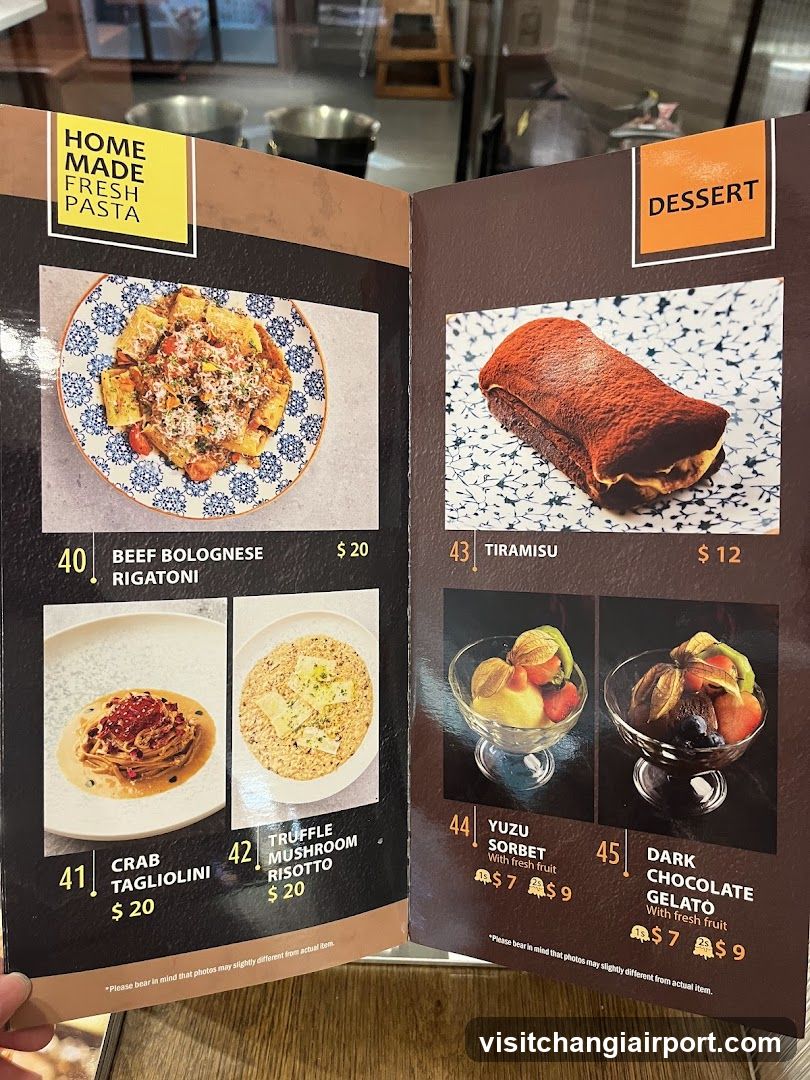Restaurant Menu with Pasta and Dessert Sections