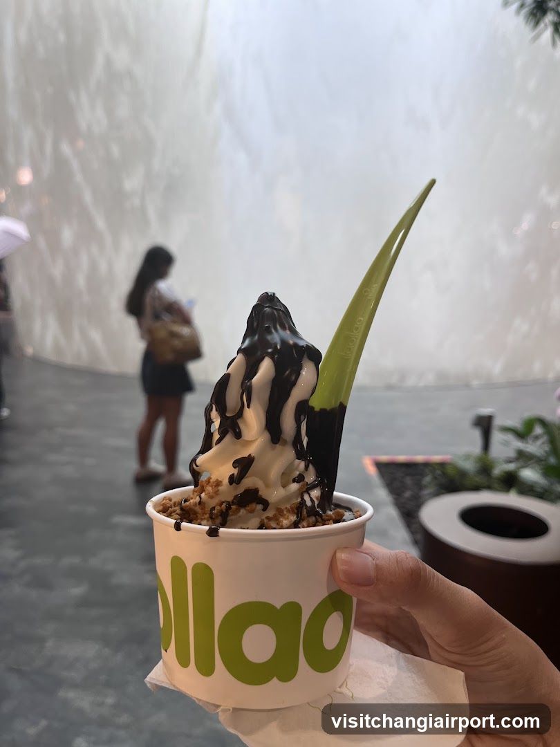 Soft serve dessert with chocolate drizzle and green garnish