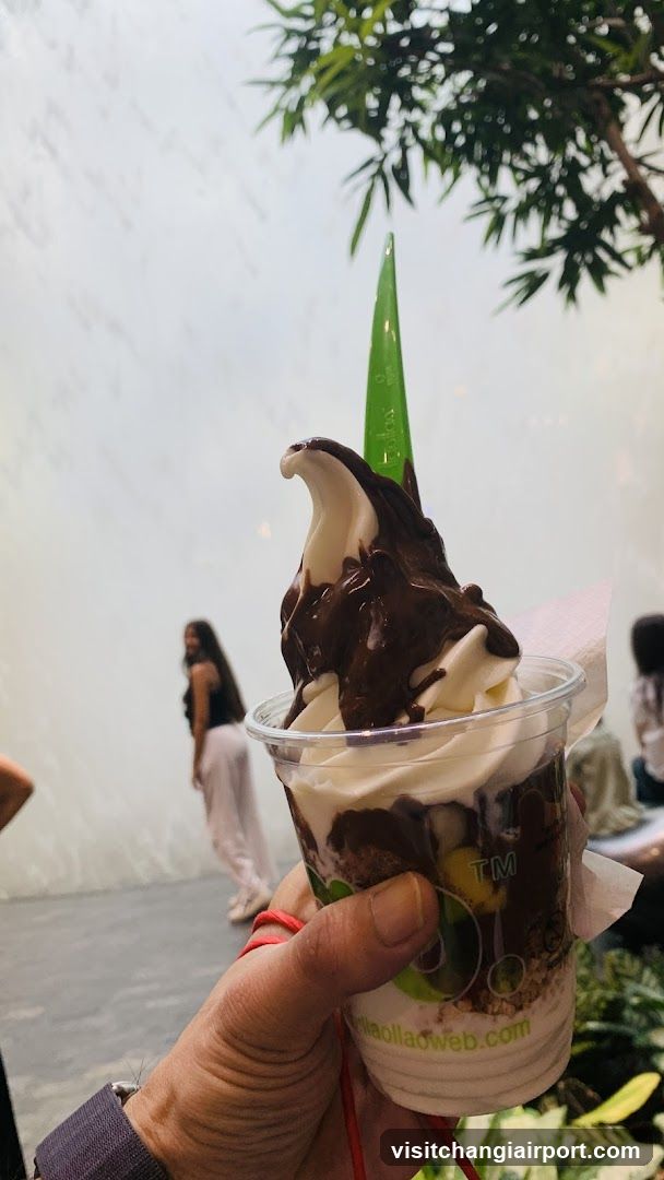 Soft-serve dessert with chocolate drizzle and green cone
