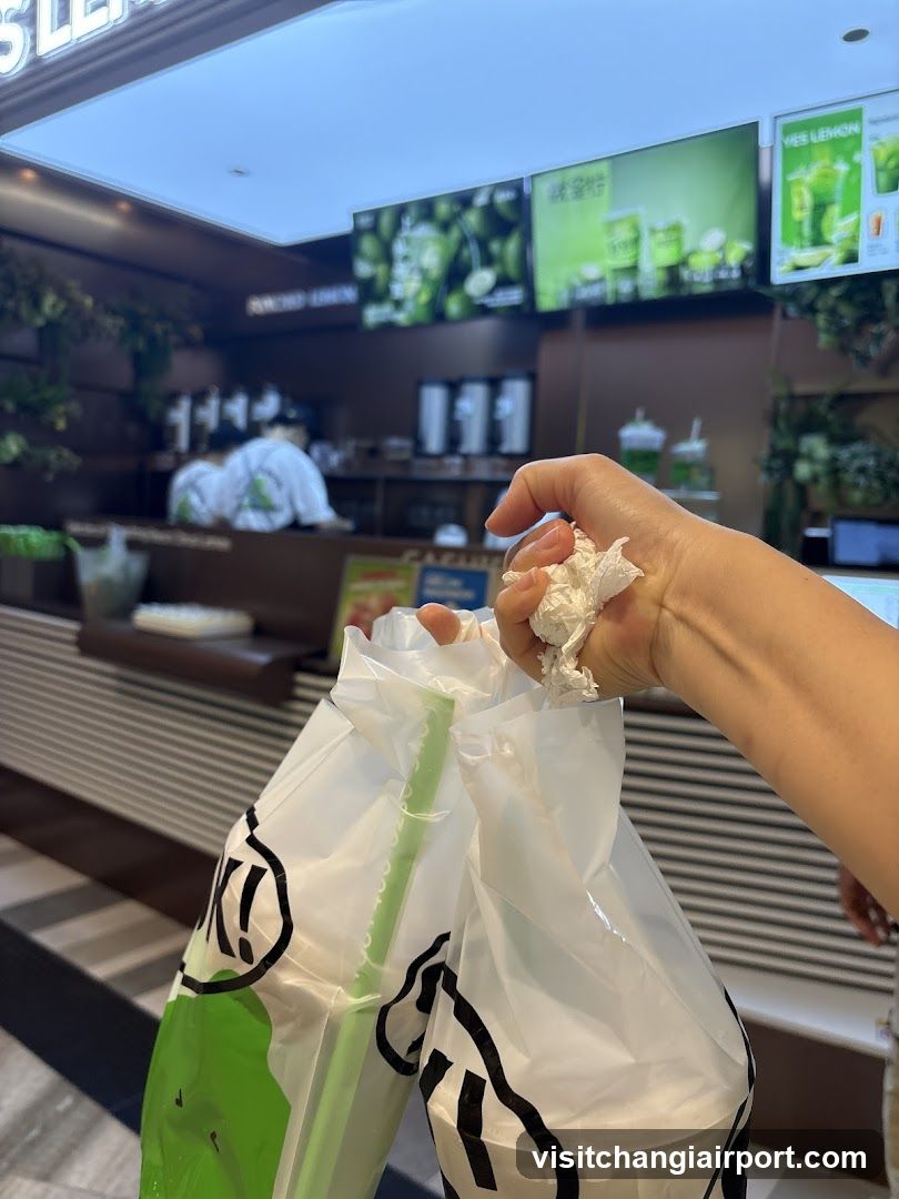 Beverage Shop Interior with Customer Holding Bag