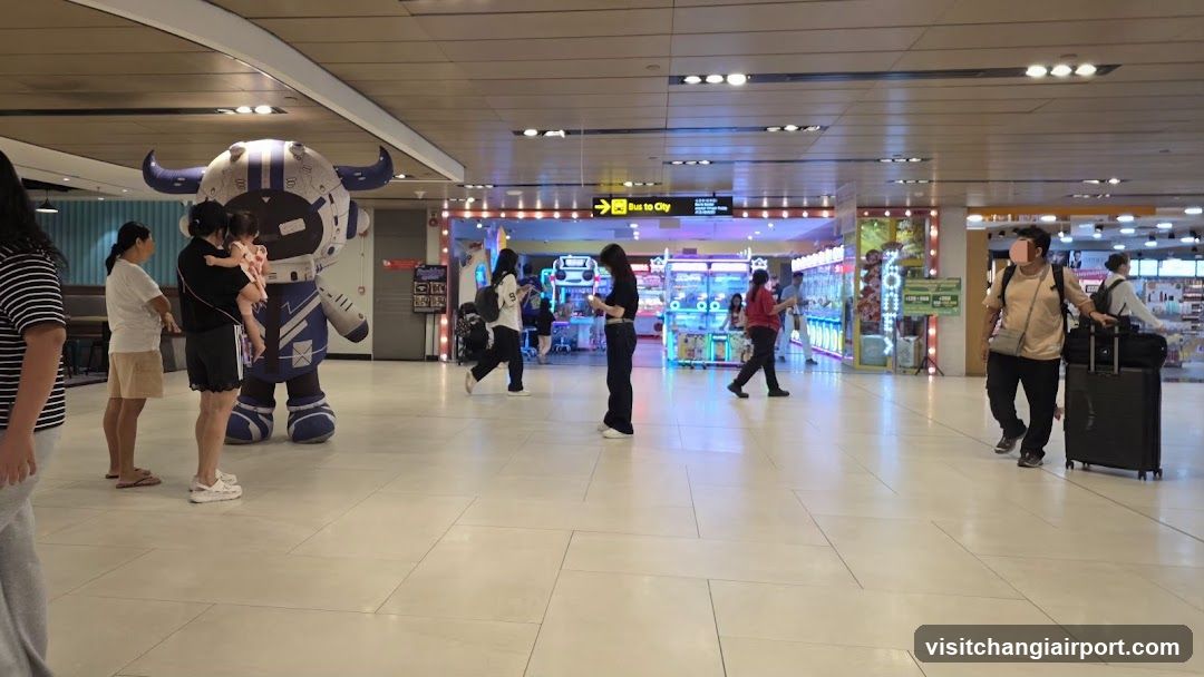 Airport Terminal Interior with Mascot and Arcade Games