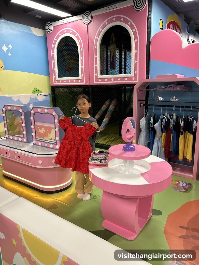 Child in Play Area Holding Red Dress