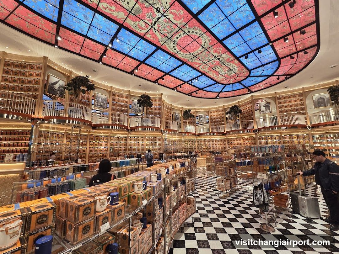 Interior of a store with colorful ceiling and checkered floor