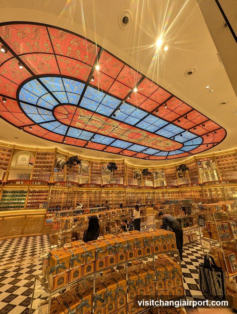 Interior of a luxury perfume shop with stained-glass ceiling