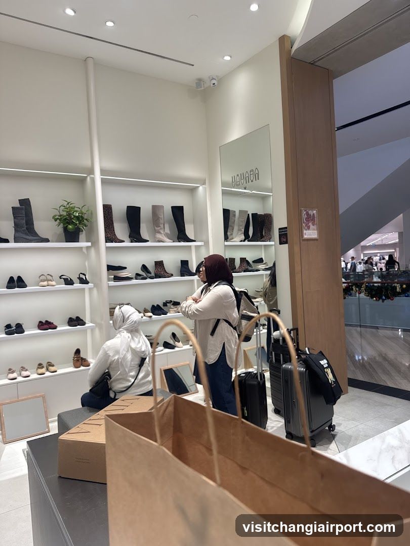 Shoe Store Interior with Shoppers and Luggage