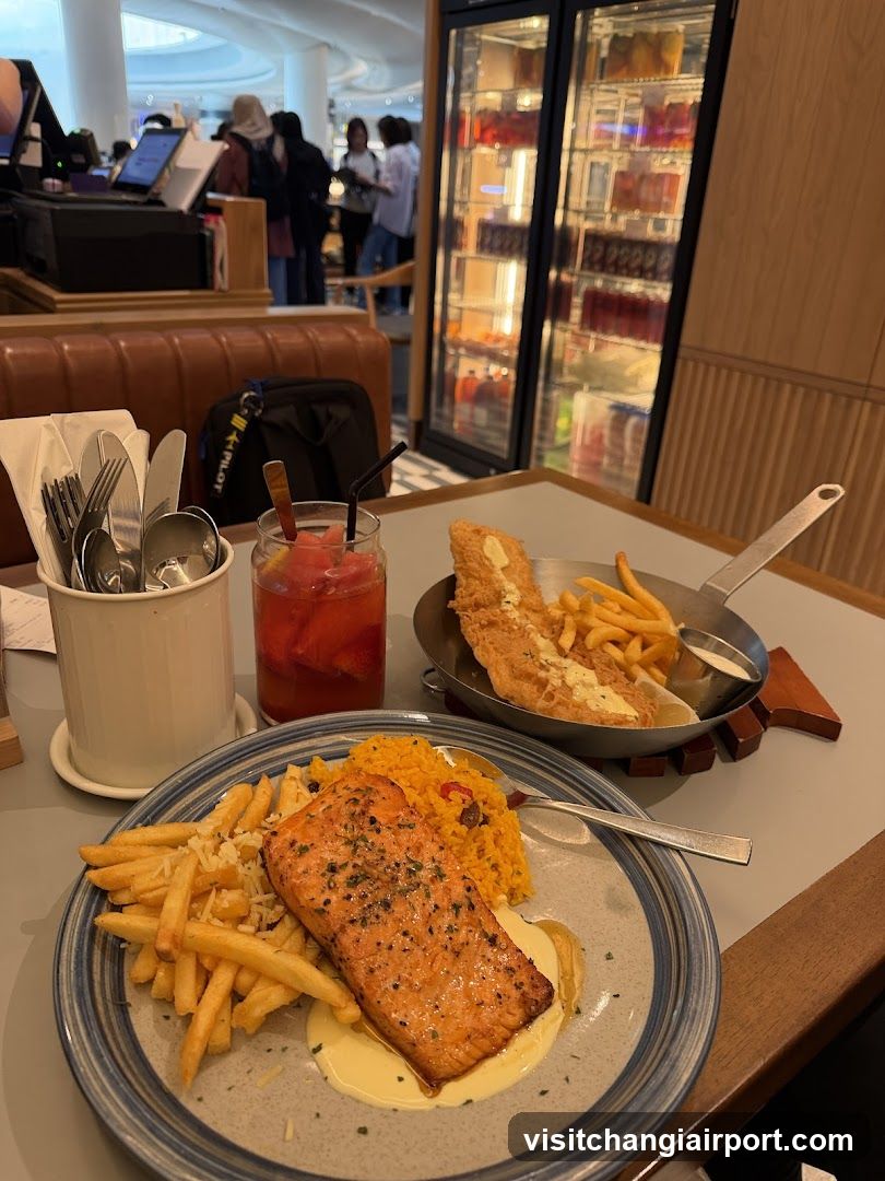 Restaurant Interior with Salmon and Fries