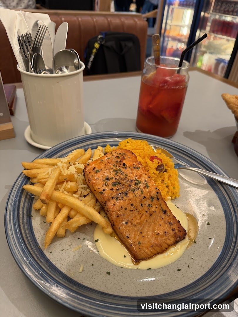 Salmon Fillet with Fries and Rice