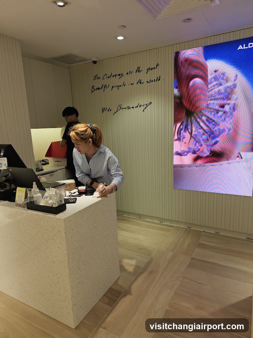 Interior of a modern retail space with staff at the counter