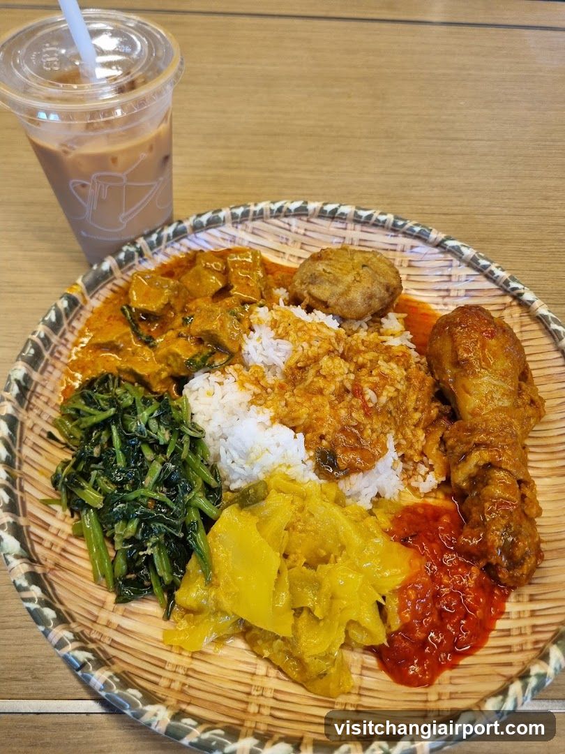Nasi Lemak Plate with Side Dishes and Iced Coffee